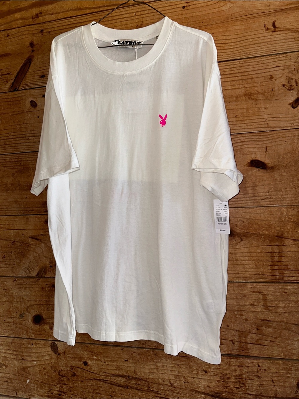 PLAYBOY White Graphic Tee with Neon Pink Bunny Chest Logo NWT